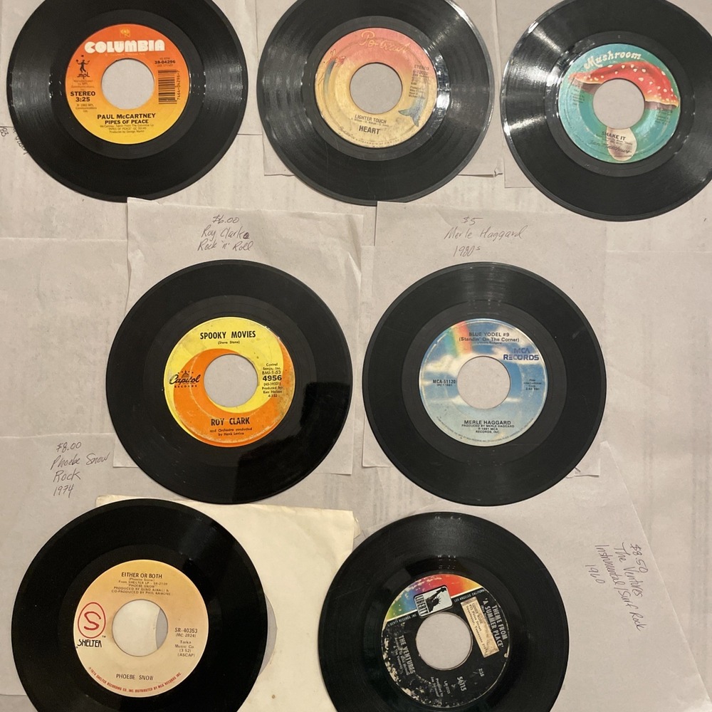 Set of 7 Single 45 RPM Vinyl: 60-80s Rock, Surfer Rock, Rock 'n' Roll, Classic